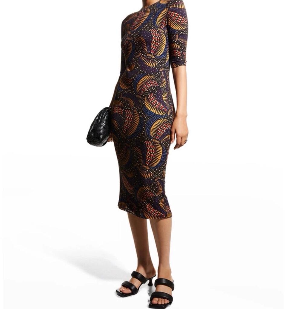 FARM Rio Black Wild Bananas Jersey Midi Dress Half Sleeve Fitted SZ Lg